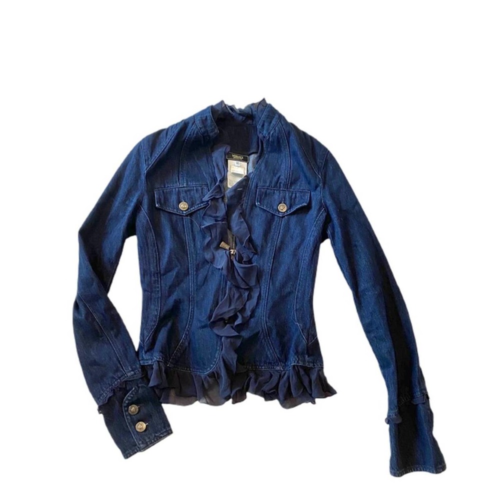 1990s Versace denim ruffled blazer/Jean top w Versace Medusa head detailing